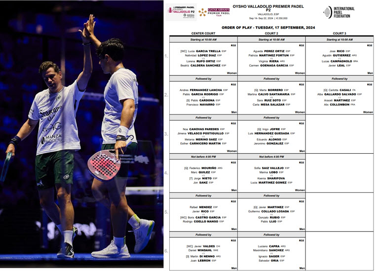 TUESDAY ORDER OF PLAY in Vallaloid with the presence of Cardona, Navarro, Lebron and Di Nenno