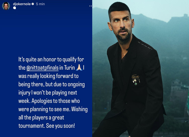 Djokovic announces he will not play the ATP Finals